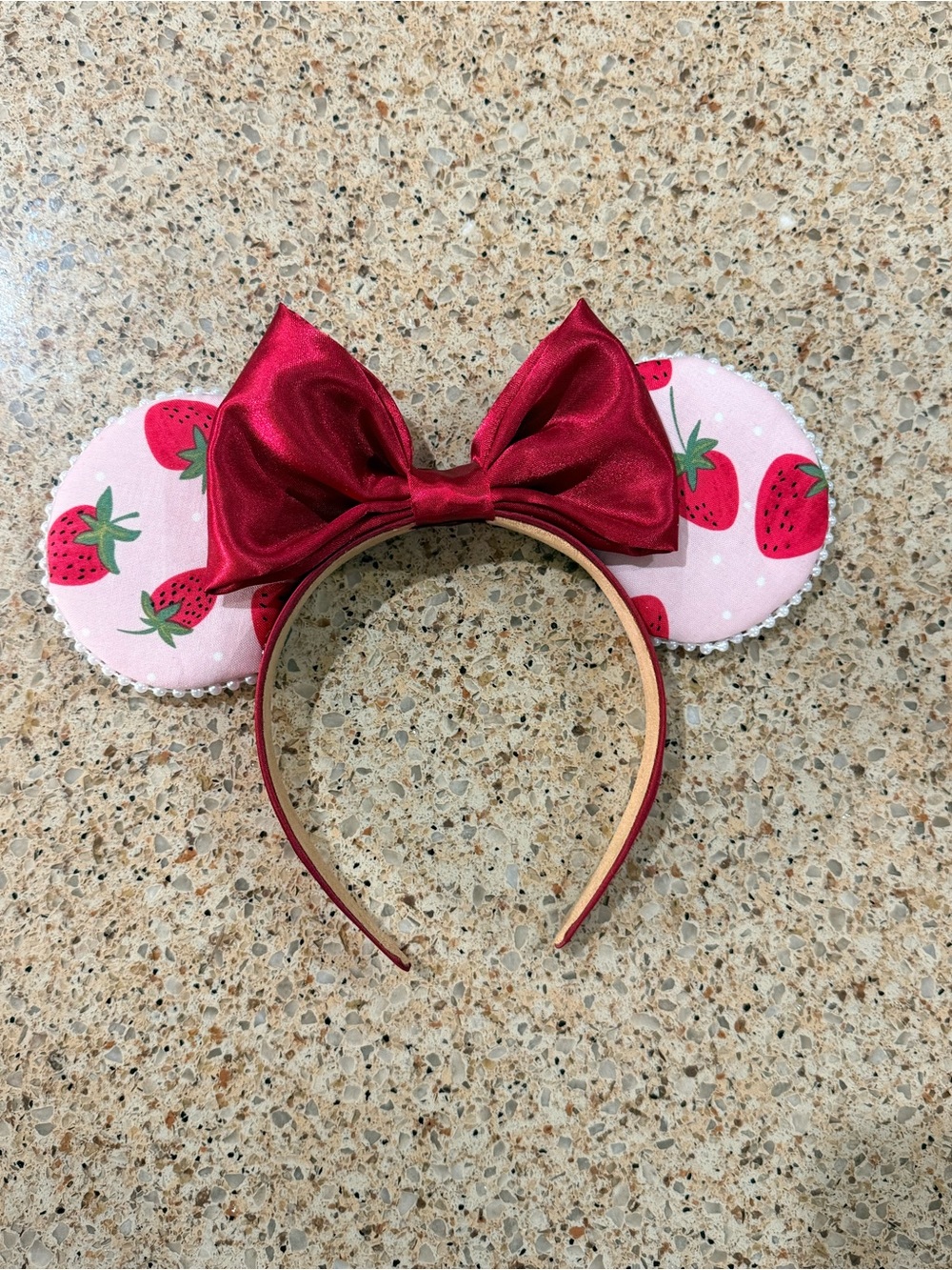 Strawberry Print Pink Minnie Mouse Ear Headband with Red Bow